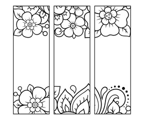 Printable bookmark for book - coloring. Set of black and white labels with flower patterns, hand draw in mehndi style. Sketch of ornaments for creativity of children and adults with colored pencils. © Katikam