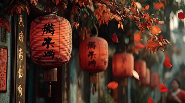 Close-up shot of red Chinese lanterns with black calligraphy hanging from a tree with autumn leaves against a traditional building facade with gold accents.