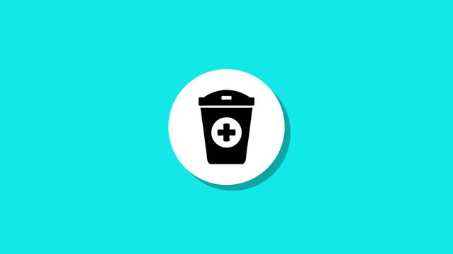 Medical waste bin icon animation on white circle against blue background representing healthcare sanitation and safety disposal