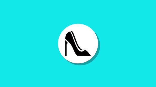 A motion graphic of a female high heel shoe icon on a solid light blue background with a white circle frame