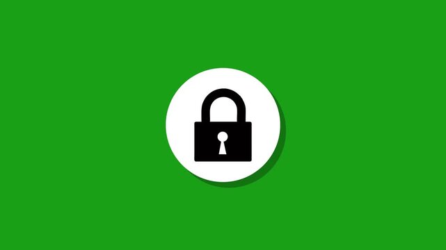 Black security lock symbol appears and disappears on white circle with shadow, motion graphic on green screen background