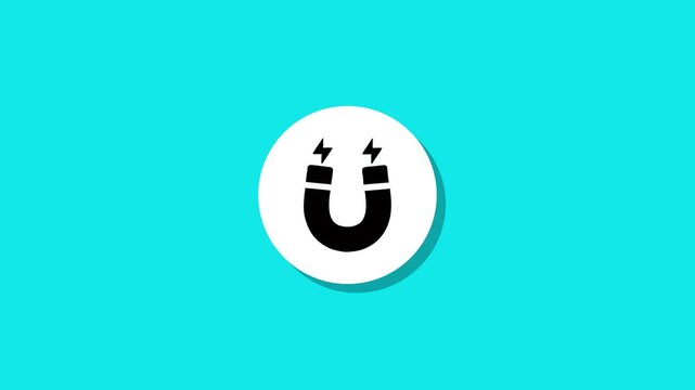 Animated horseshoe magnet symbol with lightning bolts on cyan background motion graphics