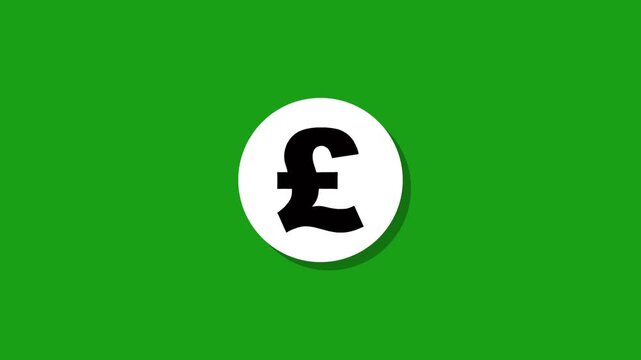 A motion graphic animation of a white circle quickly transforming into a black pound sterling symbol on a vibrant green screen background, ideal for financial and currency-related video projects