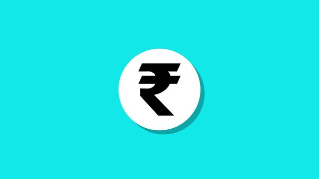 Animated indian rupee currency symbol icon appearing on white circle over blue background for financial motion design projects