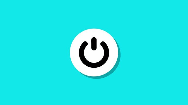 Power button animation on cyan background featuring white circular element and black start icon in motion graphics style
