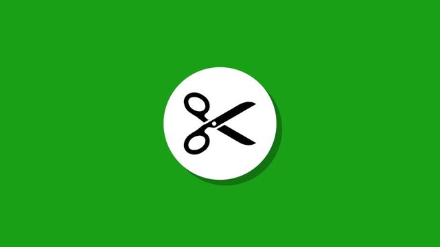 Minimalist scissors icon animation on green background with flat shadow style and smooth motion graphics