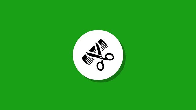 Animated barber scissors and comb icon on green screen motion background representing hairstyling services