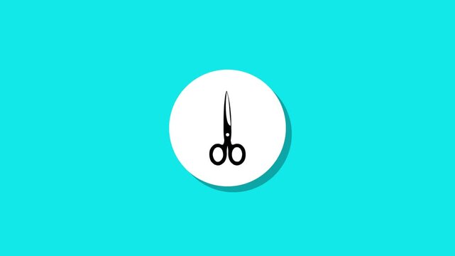 Scissors icon appearing on blue background with shadow, motion graphics animation