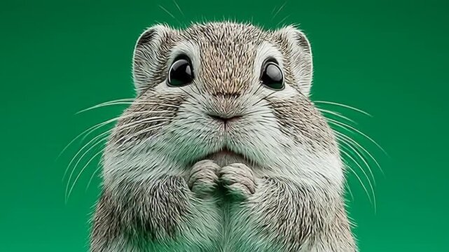 Close-up portrait of a curious gray squirrel standing on its hind legs with paws clasped together against a green background.