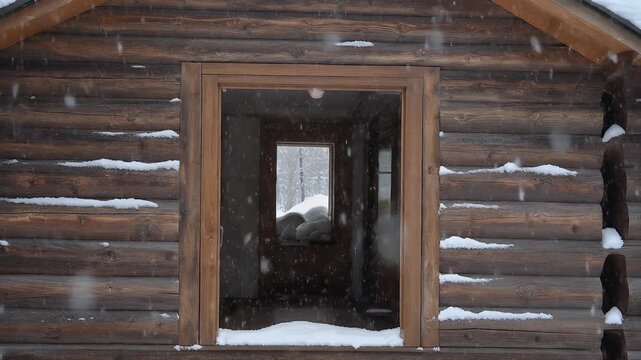 A wooden cabin entrance frames a snowy scene, with falling flakes. The doorway leads to a window and another interior space