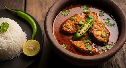 Delicious fish curry with rice and lime on wooden table