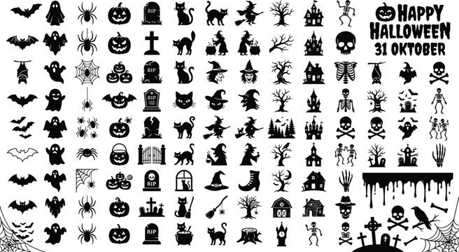 Halloween Silhouette Icon Set Collection of Bats Skulls Witches Pumpkins Ghosts Spooky Symbols Vector Illustration