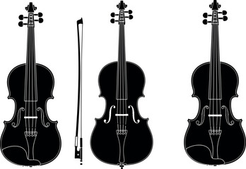 Fototapeta premium Classical string instruments vector silhouette set featuring violin, viola, cello, and bow isolated on white background for orchestra design concepts.
