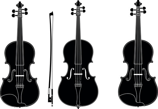 Classical string instruments vector silhouette set featuring violin, viola, cello, and bow isolated on white background for orchestra design concepts.