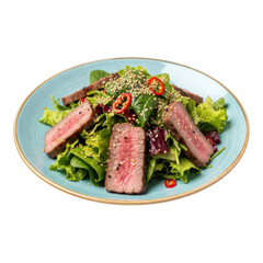 Grilled steak salad with sesame seeds and chili isolated on transparent background