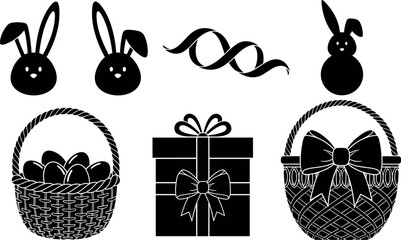 Easter bunny basket eggs gift box silhouette set vector illustration for holiday celebration card design element black icon collection pack
