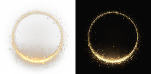 Fototapeta premium Sparkling gold ring with dust particles, a shimmering effect, and a radiant aura. A golden glowing circle PNG. A lightweight round frame isolated, luxury golden circle png 