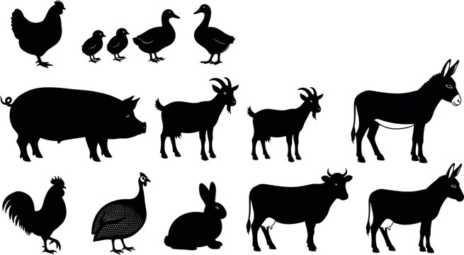 Farm Animal Silhouettes Collection Vector Set Including Cow Pig Goat Chicken Duck Donkey and Rabbit Isolated on White