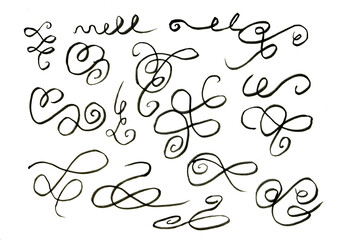 Flourish drawn swash red set. Red flourish calligraphy hand drawn pen brush ink thin stroke line..Vintage doodle swirl scroll underline text decoration texture grunge. Vector illustration.