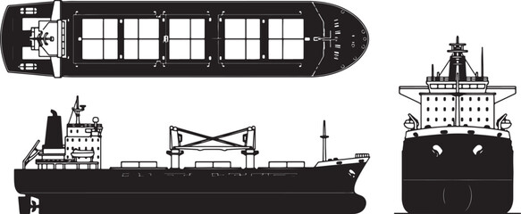 Black and white line of a cargo ship from three different views side and front also transparent background © PixelSaga MH2 