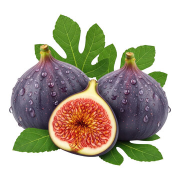 Fresh figs with leaves and water droplets isolated on transparent background
