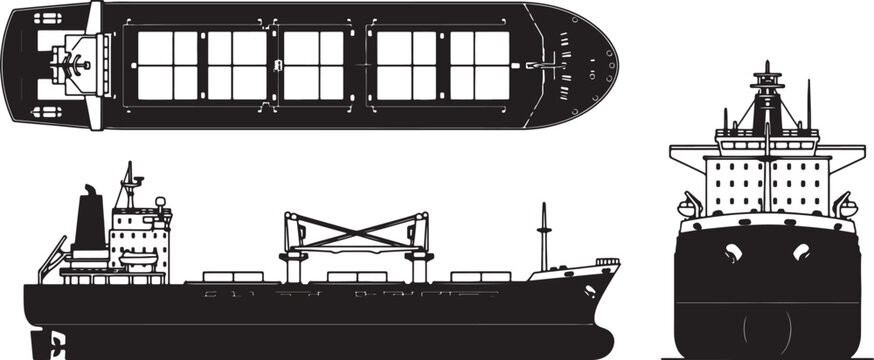 Black and white line of a cargo ship from three different views side and front also transparent background