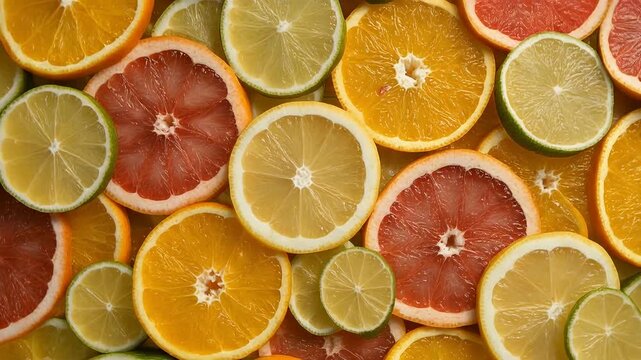 A vibrant close-up of overlapping citrus slices oranges, lemons, limes, and grapefruits creating a colorful mosaic of freshness