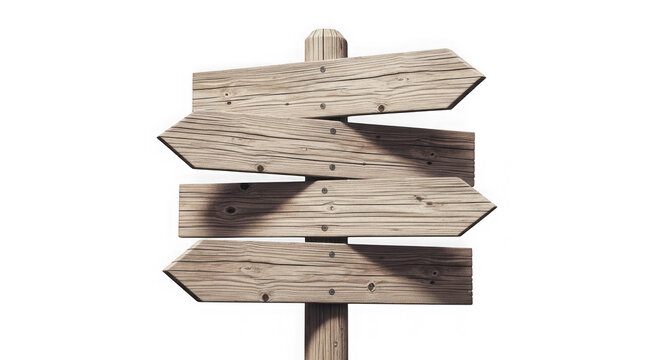 Wooden directional signpost with multiple arrows isolated on transparent background