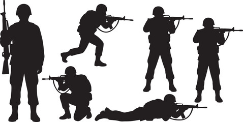 Naklejka premium Black silhouettes of soldiers in various combat positions with rifles on a white background also transparent background