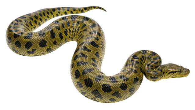 Green anaconda with black spots, large constrictor snake, reptile, isolated PNG with Transparent Background