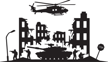 Obraz premium Silhouette of military helicopter hovering over destroyed buildings with tank and soldiers also transparent background