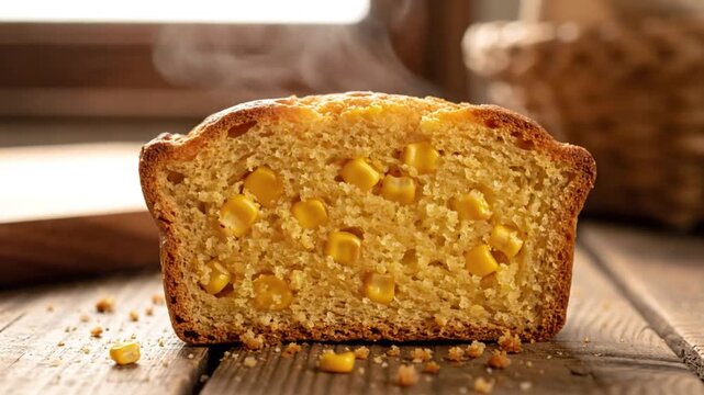 Delicious sliced cornbread loaf with fresh corn kernels, a rustic baking scene and wooden background