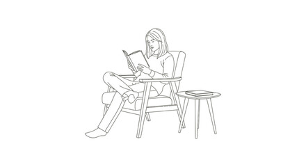 Fototapeta premium minimalist line drawing of a woman reading a book in an armchair with a side table ideal for quiet relaxation and learning.
