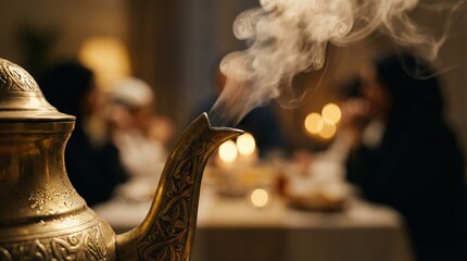 Traditional Arabic coffee pot steaming at family gathering during Ramadan  