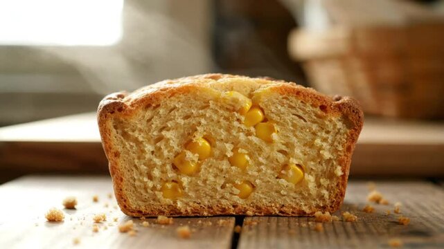 Close up of fresh cornbread loaf with corn kernels on wooden table and background