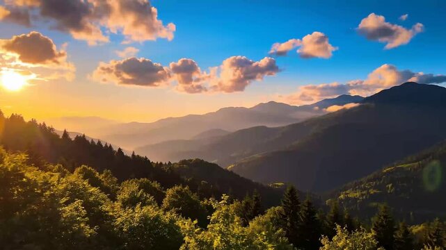 Golden hour mountain landscape with trees and clouds scenic nature photo