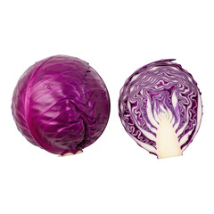 Fototapeta premium Fresh red cabbage whole and cut in half isolated on transparent background
