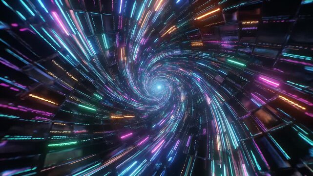 A vibrant digital tunnel showcases a glowing core. Spiraling beams of neon light and dark textures fill the geometric space