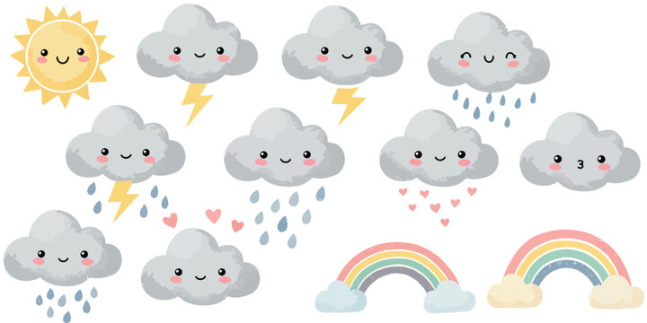 Cute cartoon weather icons with smiling faces and various precipitation conditions