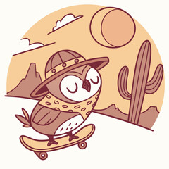 Obraz premium Whimsical Owl feeling Sleepy in a Desert sunset setting with riding a skateboard – colored in Sundown Glow