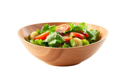 Realistic modern wooden salad bowl filled with fresh vegetables. High quality food mockup isolated on transparent background, perfect for menu design, healthy lifestyle concepts and culinary branding.