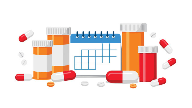 Selection of orange and red medical pill bottles surrounded by various capsules, tablets, and a calendar representing a medication schedule.