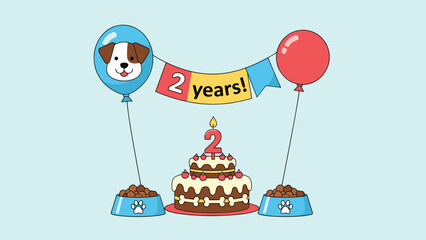 Celebration setup for a dog's second birthday featuring a large two-tier cake, colorful balloons, and bowls of pet food.