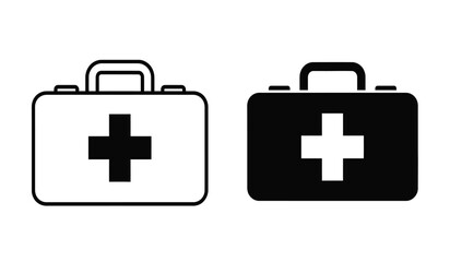 Obraz premium Two medical first aid kit icons in black and white with cross symbol on isolated for health and medical concepts