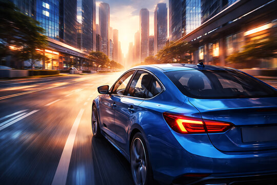 A blue car with a driver behind the wheel, navigating the road, symbolizing modern urban transportation and the freedom of automobile travel