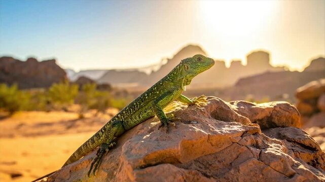 A vibrant green lizard perches on a rock, basking in the sunlight of a desert landscape