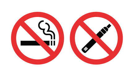 Two red circular prohibition signs for smoking and vaping. © Shahida