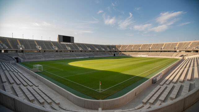 Soccer stadium empty daylight wide angle grandstand pitch goal scoreboard panorama view of green field concrete seating blue sky long shadow quiet atmosphere no spectator