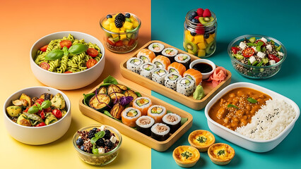 Assortment of healthy prepared meal options including vibrant fruit salads sushi vegetable pasta and savory curry rice ready for delivery