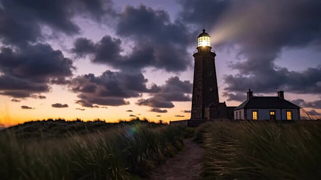 A steadfast coastal lighthouse illuminates a winding path through grassy dunes, guiding the way amidst a breathtaking twilight sky, evoking a sense of enduring journey and hope